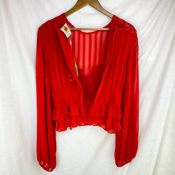 NWT Farm Rio Red Long Sleeve Sheer Stripe Peplum Blouse – Size Small - Picture 9 of 13